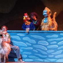THE GREAT RACE at The Rose Theater, featuring Roz Parr as Goat, Billy Rodgers as Rooster and Chris Wang as Monkey.
