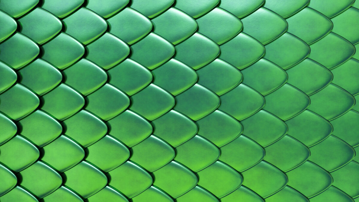 Close-up abstract pattern of overlapping green scales resembling dragon or reptile skin, arranged in a repeating diagonal pattern with glossy highlights and shades of emerald and lime green.